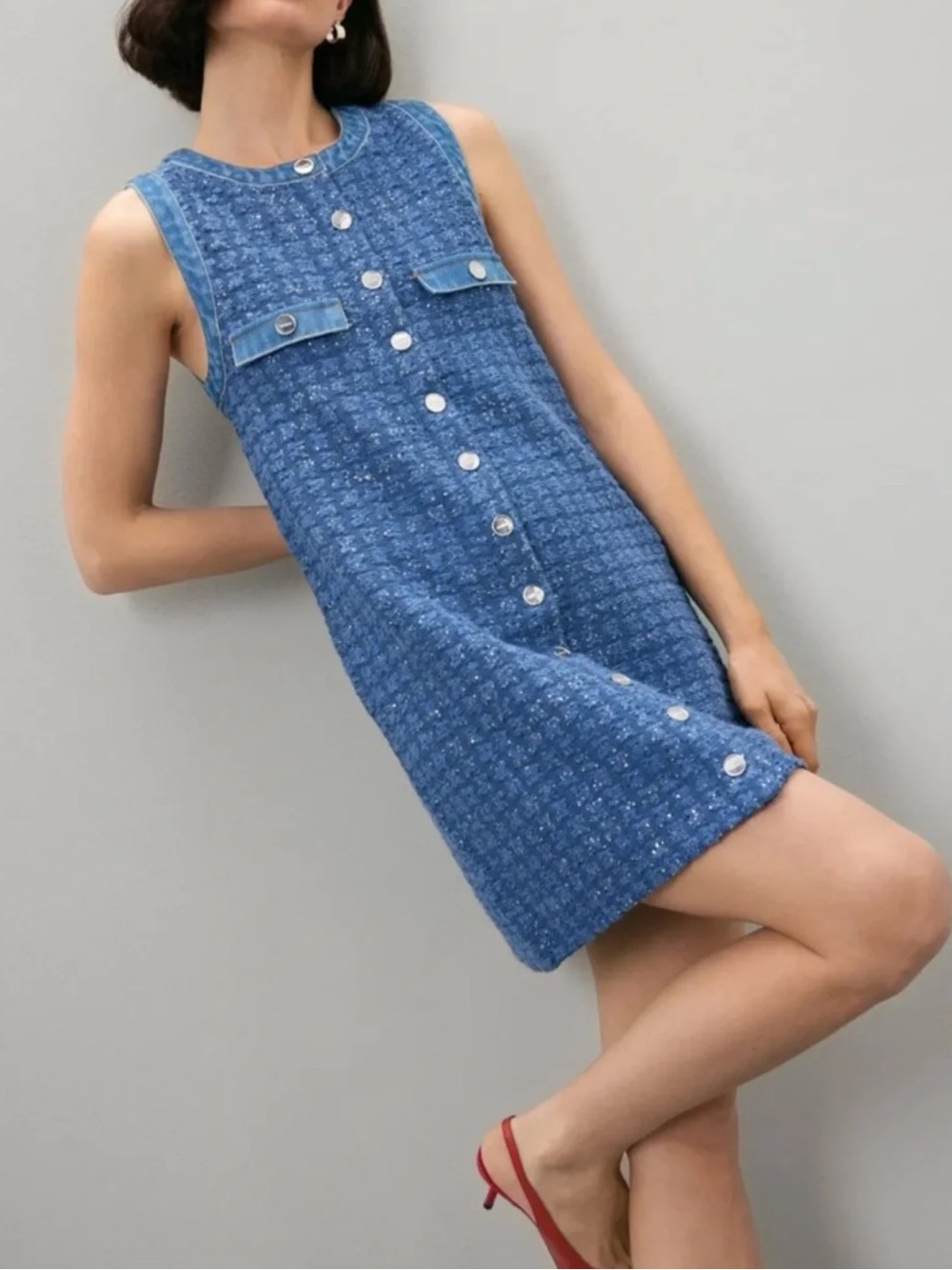 SANDRO a rare piece.  Sleeveless Button-Front Tweed Mini Skirt in Blue. NWT 36